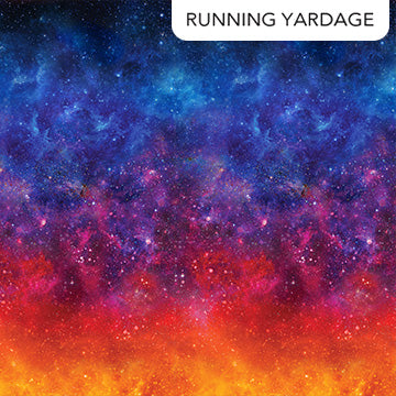 Colorful galaxy-themed fabric with 'Running Yardage' label