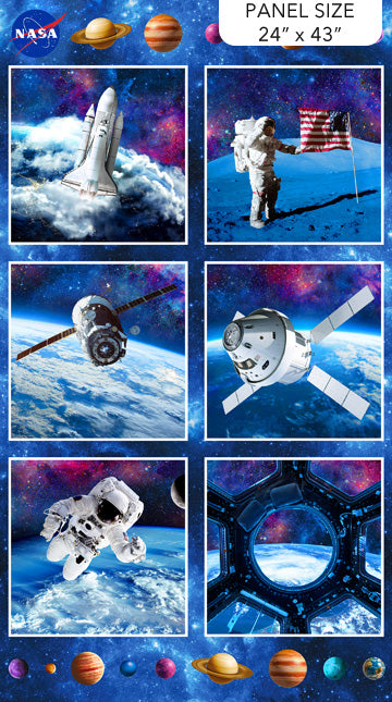 Collage of space-themed images with NASA logo and solar system planets, featuring space shuttle, astronaut, and space station.
