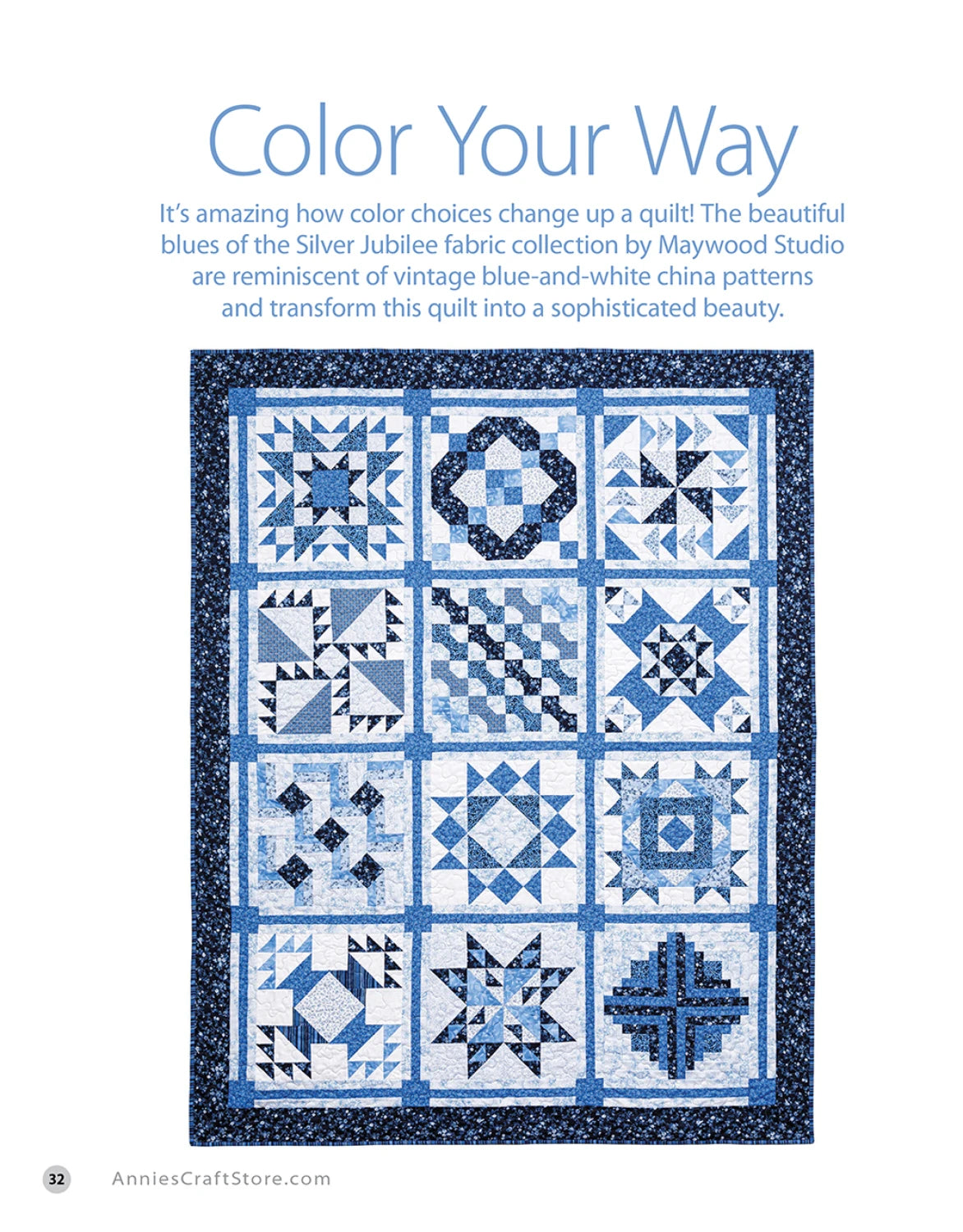 Quilt with blue and white patterns and text about color choices on a white background