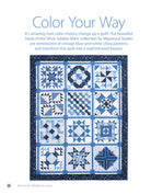 Quilt with blue and white patterns and text about color choices on a white background