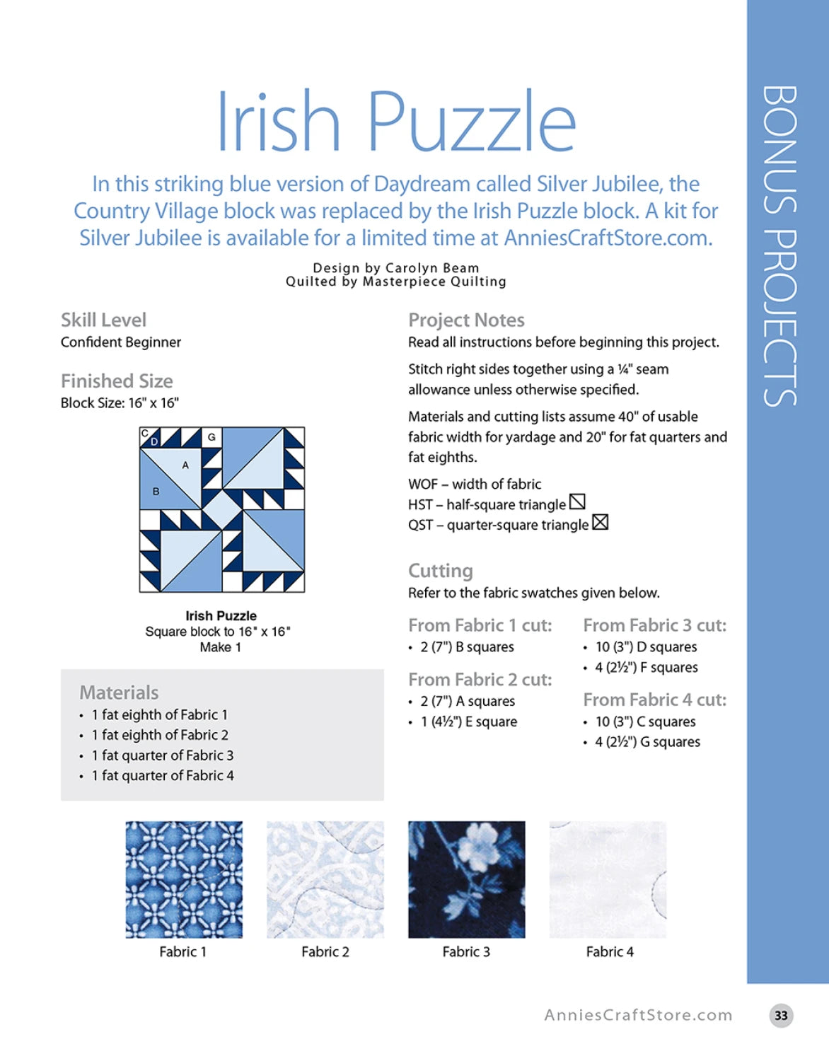 Quilt pattern guide for 'Irish Puzzle' with fabric swatches and measurements.