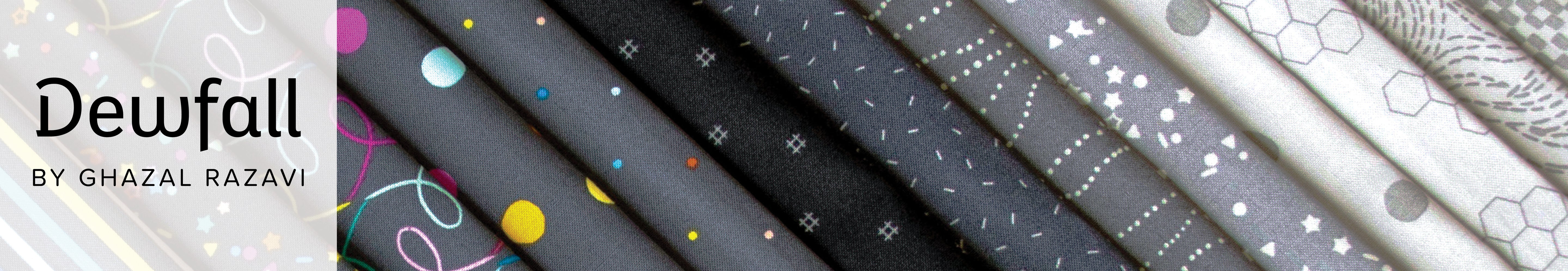 Collection of fabrics with various patterns and colors, featuring the brand 'Dewfall' by Ghazal Razavi. Dewfall 2.5" Microchip Fabric - Figo #MDEDFAL42 - Carmon's Quilt Shop