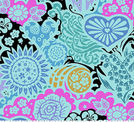 Colorful pattern with flowers and abstract shapes on a black background Euphoria, Sea Backings No.3 Sea Blue Cotton Fabric 108" BAMT161-83 Anna Maria Textiles.Fabric - Carmon's Quilt Shop