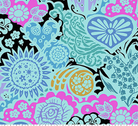 Colorful pattern with flowers and abstract shapes on a black background Euphoria, Sea Backings No.3 Sea Blue Cotton Fabric 108" BAMT161-83 Anna Maria Textiles.Fabric - Carmon's Quilt Shop
