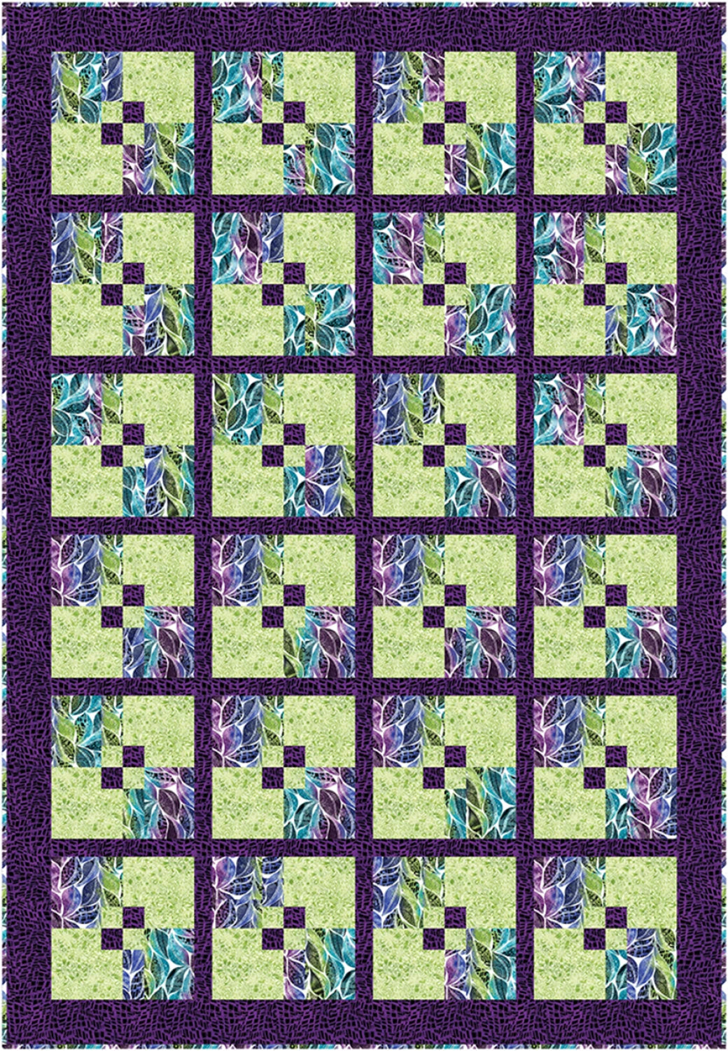 Quilt with a geometric pattern featuring green, purple, and blue squares.