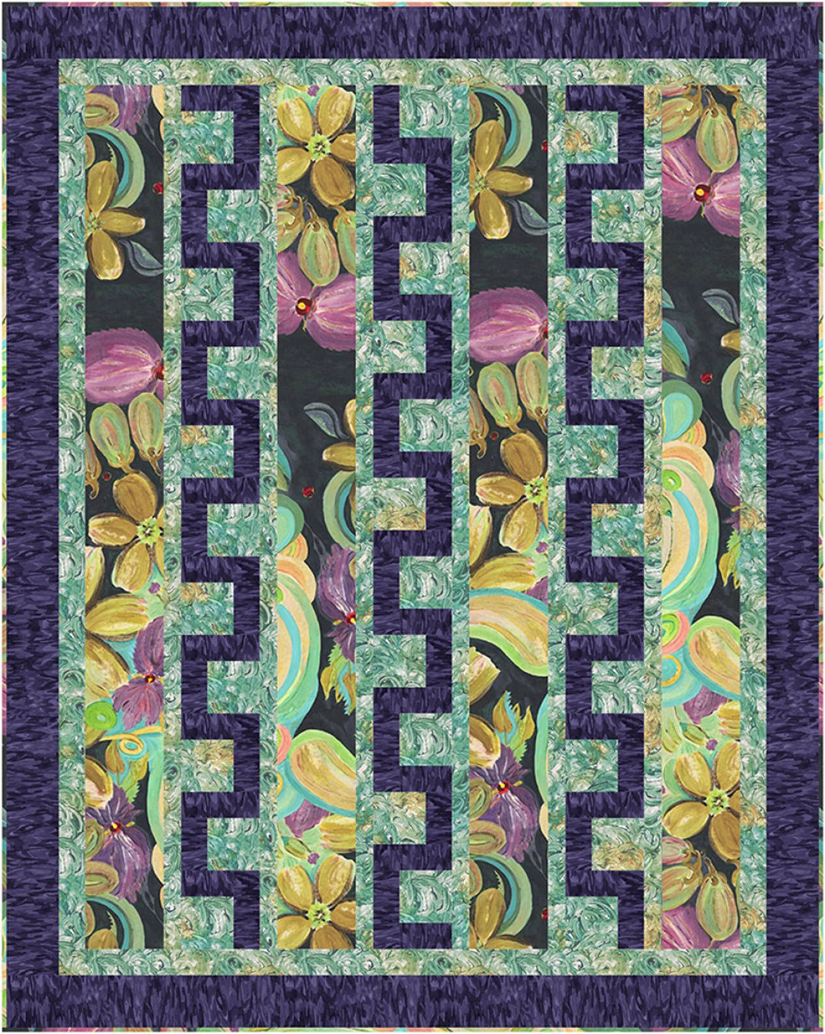Floral quilt with geometric pattern on a dark background