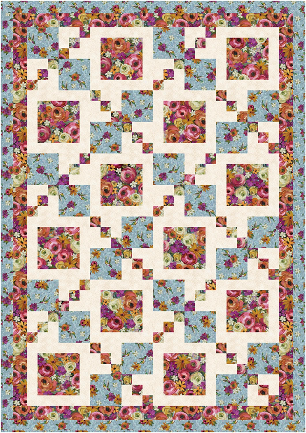 Floral quilt with a geometric pattern on a blue background