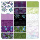 A 3x5 grid of 15 fabric swatches showing various patterns and colors, including dragonflies, starbursts, and textured prints in purple, green, black, and white.