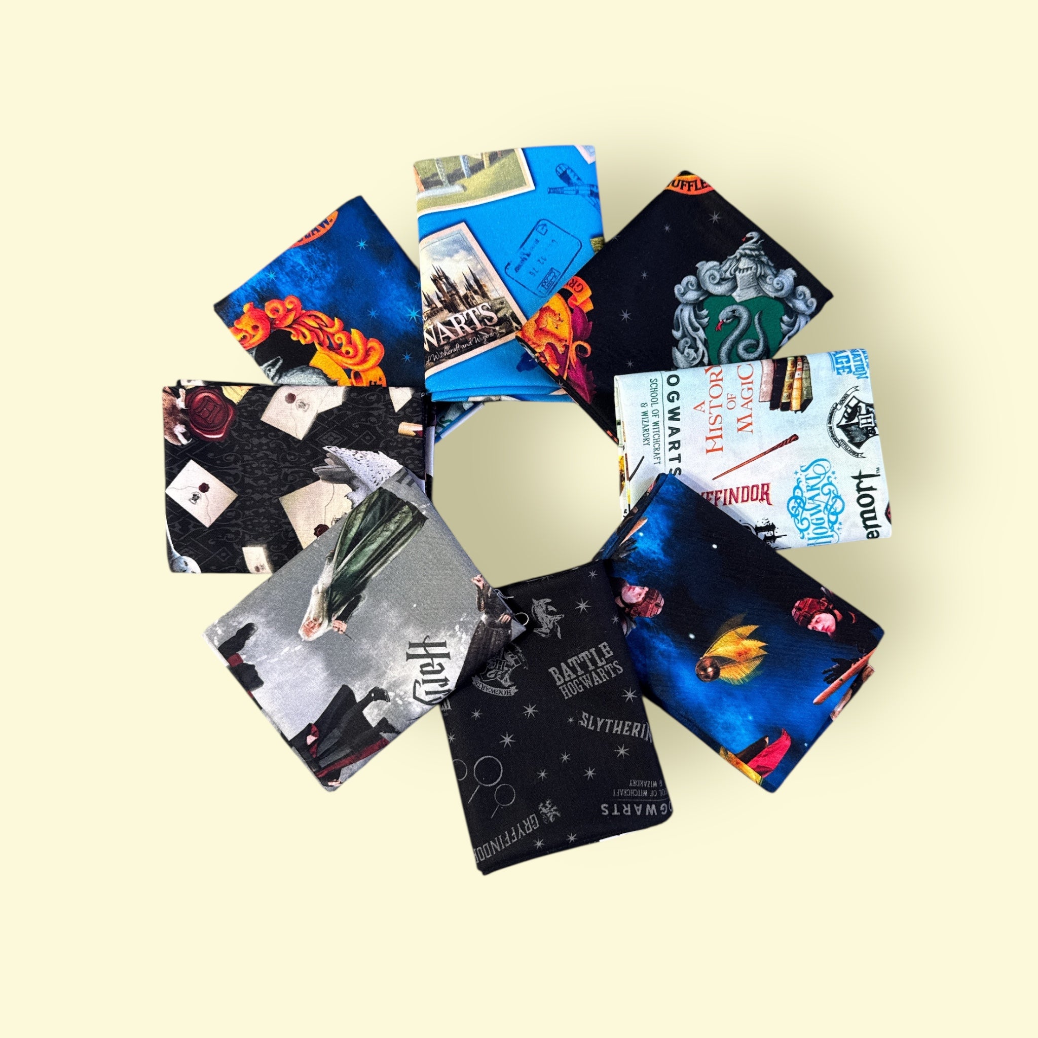 Collection of themed cards with a central round mirror on a light beige background