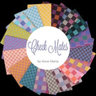 Circular arrangement of checkered fabric swatches with 'Check Mates by Anna Maria' branding. Check Mates  Gameboard Fabric Fat Quarter Bundle  by Anna Maria Parry FQCHECK18-10