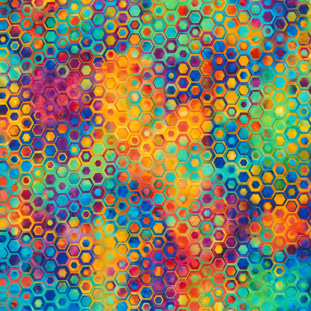Colorful honeycomb pattern with a gradient effect. Multi color 108" wide backing. Robert Kaufman Fabric - Carmon's Quilt Shop 