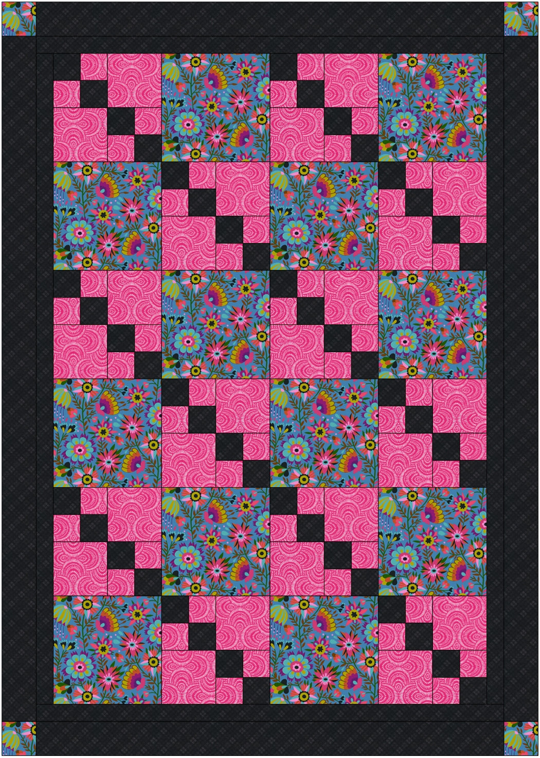Quilt with pixelated design featuring pink and multicolored blocks on a black background