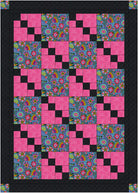 Quilt with pixelated design featuring pink and multicolored blocks on a black background