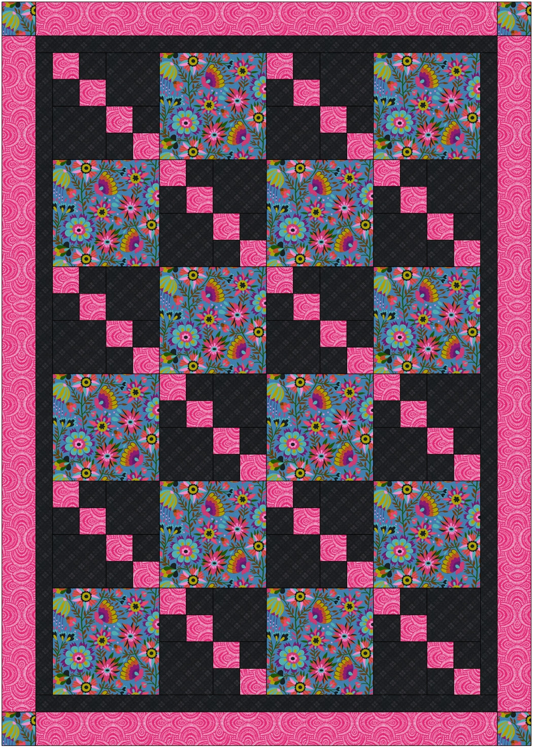 Quilt with floral patterns and pink borders on a black background