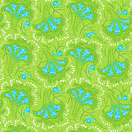 Pattern of blue flowers on a green background Floral Flirtation Fan Floral Lime - 31052-H - QT Fabrics - Carmon's Quilt Shop