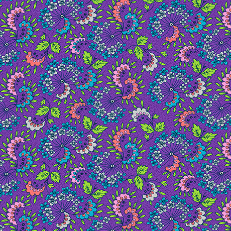 Colorful floral pattern on a purple background Floral Flirtation Floral Flare Purple  - 31051-V  - QT Fabrics - Carmon's Quilt Shop 