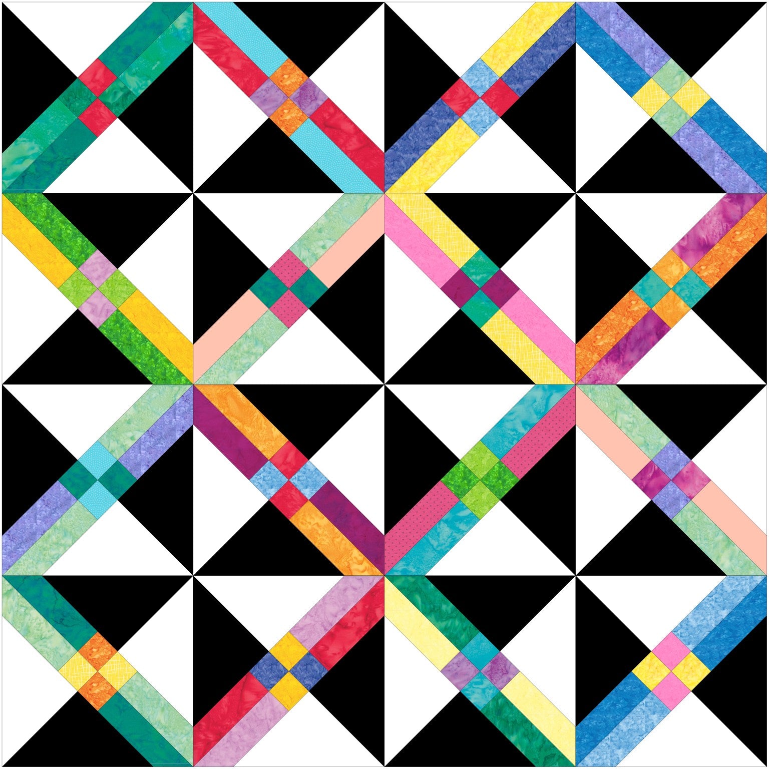 Colorful geometric quilt pattern with black, white, and multicolored triangles. Granny’s Secret Quilt Pattern Designed by Glenda Wilder Designs - Carmon's Quilt Shop
