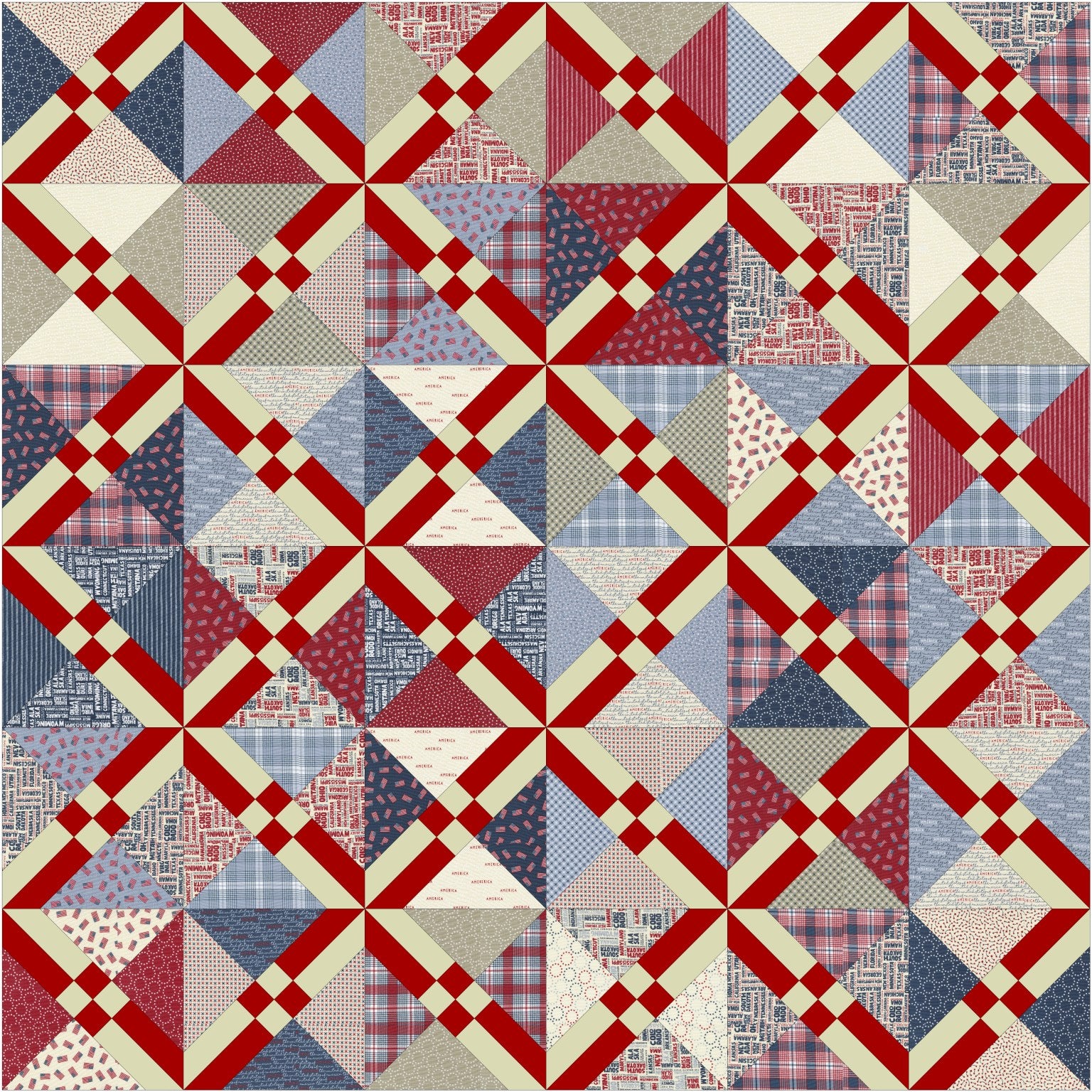 Quilt with red, blue, and beige geometric patterns. Granny’s Secret Quilt Pattern Designed by Glenda Wilder Designs - Carmon's Quilt Shop