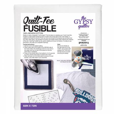Quilt-Tee Fusible packaging with iron, fabric, and ruler on a white background Gypsy Quilter T-Shirt Fusible Interfacing - 60in x 72in - Carmon's Quilt Shop