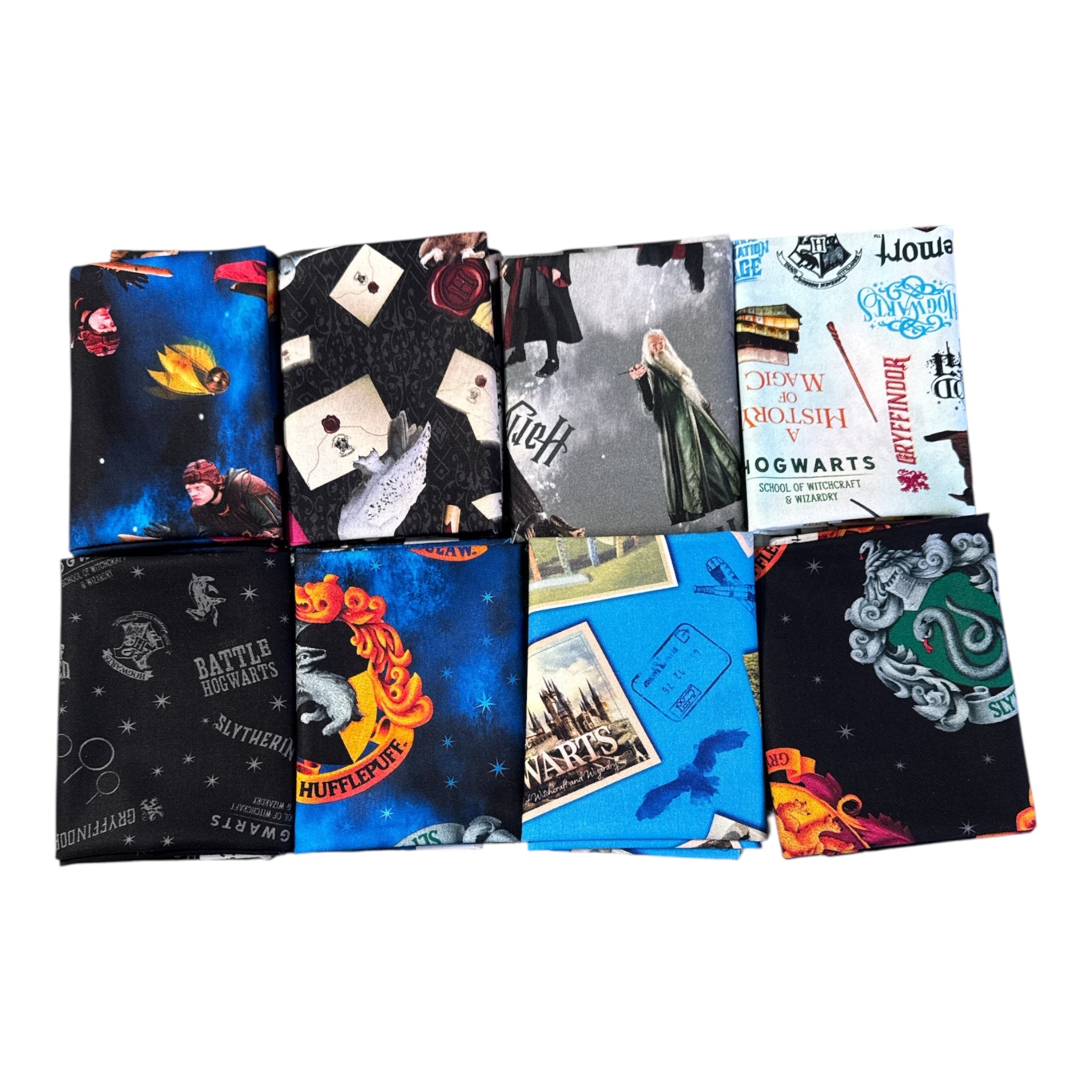 Collection of themed fabric swatches with various designs on a white background