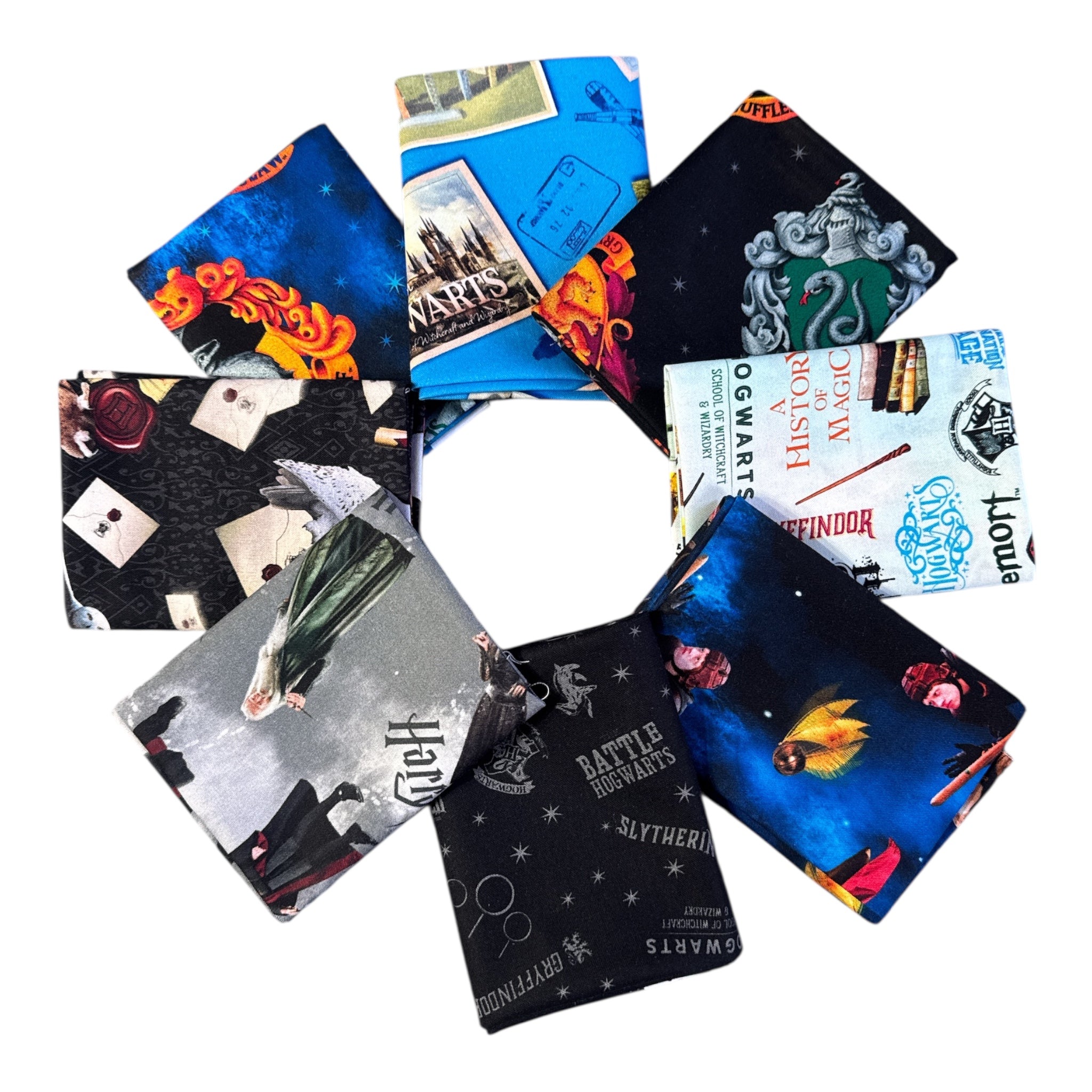 Collection of themed fabric swatches with various designs on a white background