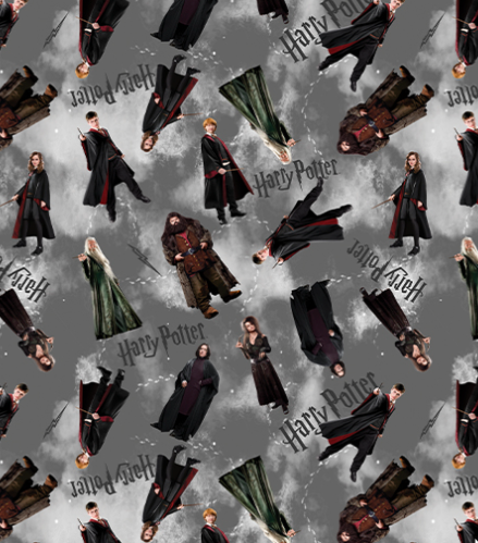 Pattern of characters from 'Harry Potter' on a gray background Harry Potter Characters Gray Benartex Fabric Carmon's Quilt Shop