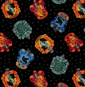 Pattern of Hogwarts house crests on a black background Harry Potter Hogwarts Crests Black Benartex Fabric Carmon's Quilt Shop