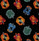 Pattern of Hogwarts house crests on a black background Harry Potter Hogwarts Crests Black Benartex Fabric Carmon's Quilt Shop
