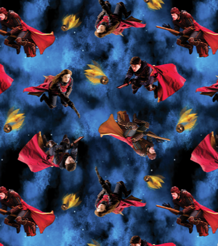 Multiple instances of a character in a red cape flying against a blue background with yellow birds. Harry Potter Playing Quidditch Blue Benartex Fabric Carmon's Quilt Shop