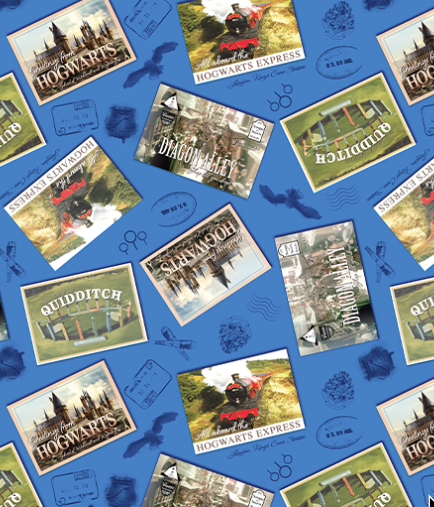Pattern of Harry Potter-themed postcards on a blue background Harry Potter Postcards Royal Blue Benartex Fabric Carmon's Quilt Shop 