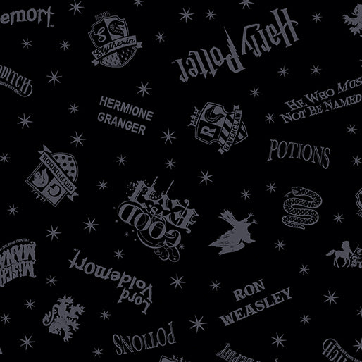 Pattern of Harry Potter-themed text and symbols on a black background