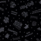 Pattern of Harry Potter-themed text and symbols on a black background