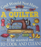 Blue towel with sewing-themed design and text on a blue background