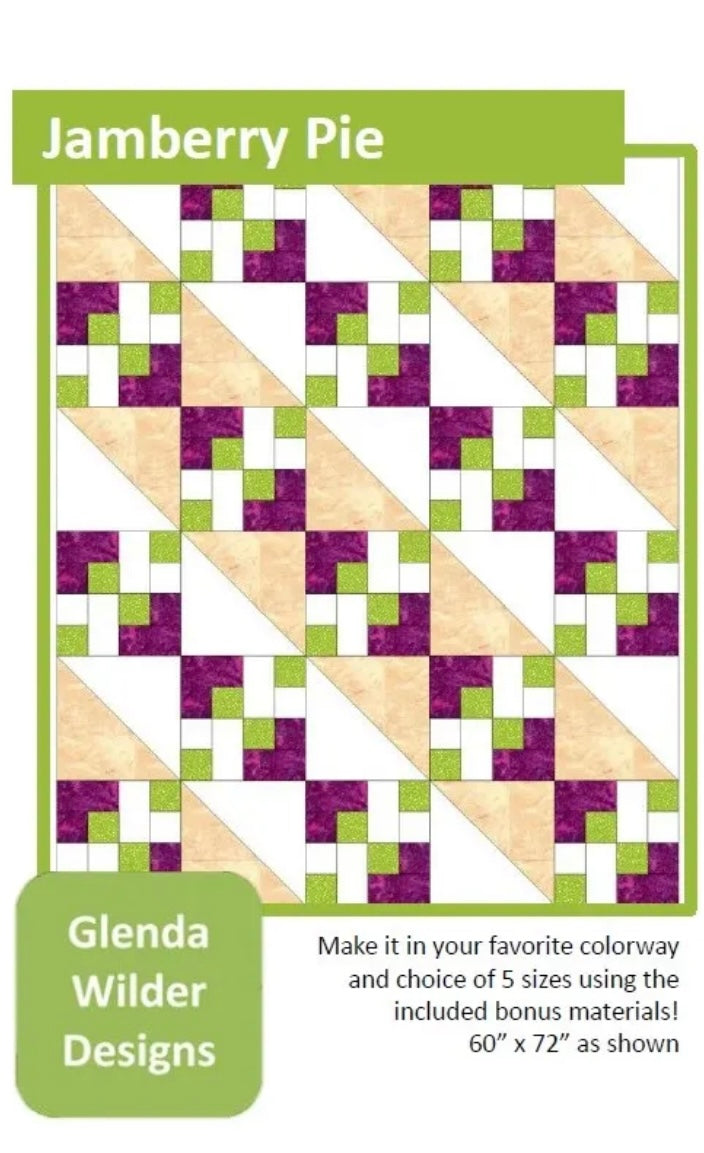 Quilt pattern design with purple, green, and beige triangles on a white background, featuring Glenda Wilder Designs branding. Jamberry Pie Modern Quilt Pattern - 60" X 72" - Designed By Glenda Wilder - Carmon's Quilt Shop