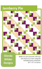 Quilt pattern design with purple, green, and beige triangles on a white background, featuring Glenda Wilder Designs branding. Jamberry Pie Modern Quilt Pattern - 60" X 72" - Designed By Glenda Wilder - Carmon's Quilt Shop