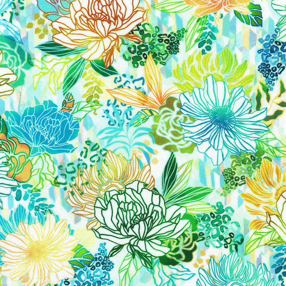 Colorful floral pattern with various flowers on a light blue background Jungle Wide 108" Fabric -  Robert Kaufman SRKDX-21970-48 Carmon's Quilt Shop