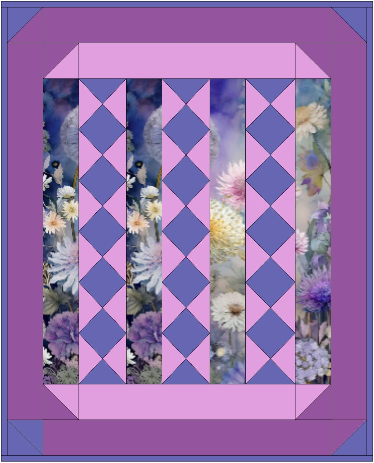Quilt with purple and blue diamond pattern surrounded by floral background