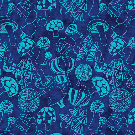 Pattern of blue and green mushrooms on a blue background