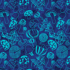 Pattern of blue and green mushrooms on a blue background