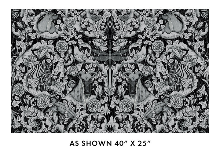 Black and white patterned rug with animals and flowers, size 40" x 25". Mythic Forrest Black Wide Backing Fabric Black 108"- Benartex 17198W-12 - Carmon's Quilt Shop (Copy)