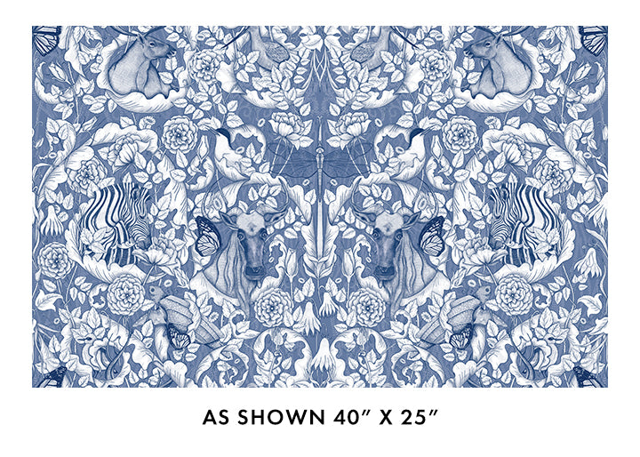 Decorative patterned fabric with blue and white animals and flowers, shown as 40" x 25". Mythic Multi Wide Backing Fabric Blue 3 Yards 108" x 108" Benartex Carmon's Quilt Shop