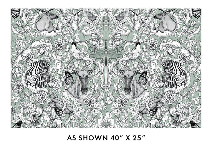 Patterned fabric with animals and flowers on a green background, size 40" x 25". Mythic Multi Wide Backing Fabric Sage 108" Benartex Carmon's Quilt Shop