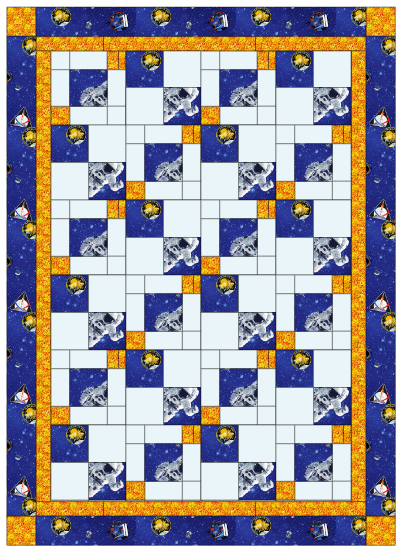 Quilt with star and moon pattern on a blue background