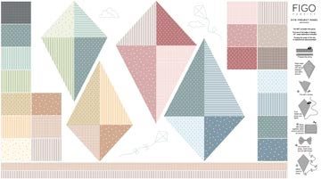 Fabric swatch pattern with geometric shapes and Figo branding Nest White Kite Panel Fabric #92104-10 Carmon's Quilt Shop 