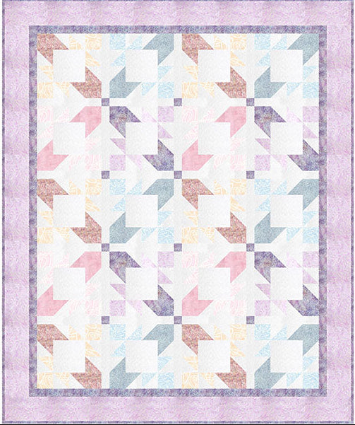 Quilt with geometric pattern in pastel colors on a white background