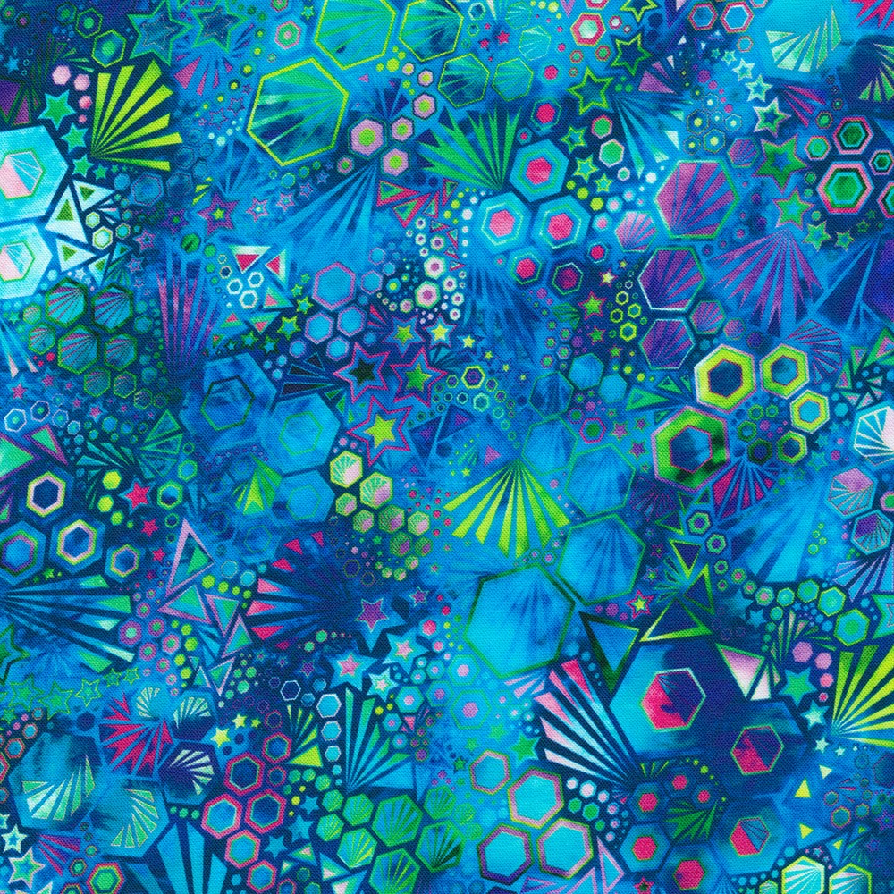 Colorful geometric pattern with blue, green, and pink hues on a blue background Pacific Phantasma  108" Fabric -   Robert Kaufman SRKDX-22693-60 Carmon's Quilt Shop