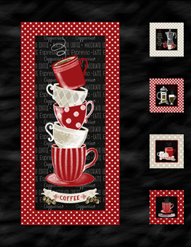 Decorative panel with stacked coffee cups on a red polka dot background, surrounded by smaller framed images.
