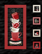 Decorative panel with stacked coffee cups on a red polka dot background, surrounded by smaller framed images.