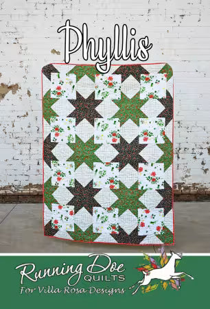 Quilt with star patterns displayed against a white brick wall, featuring Villa Rosa Designs branding. Quilt pattern Carmon's Quilt Shop