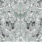 Decorative wallpaper with a black and white animal pattern on a light green background